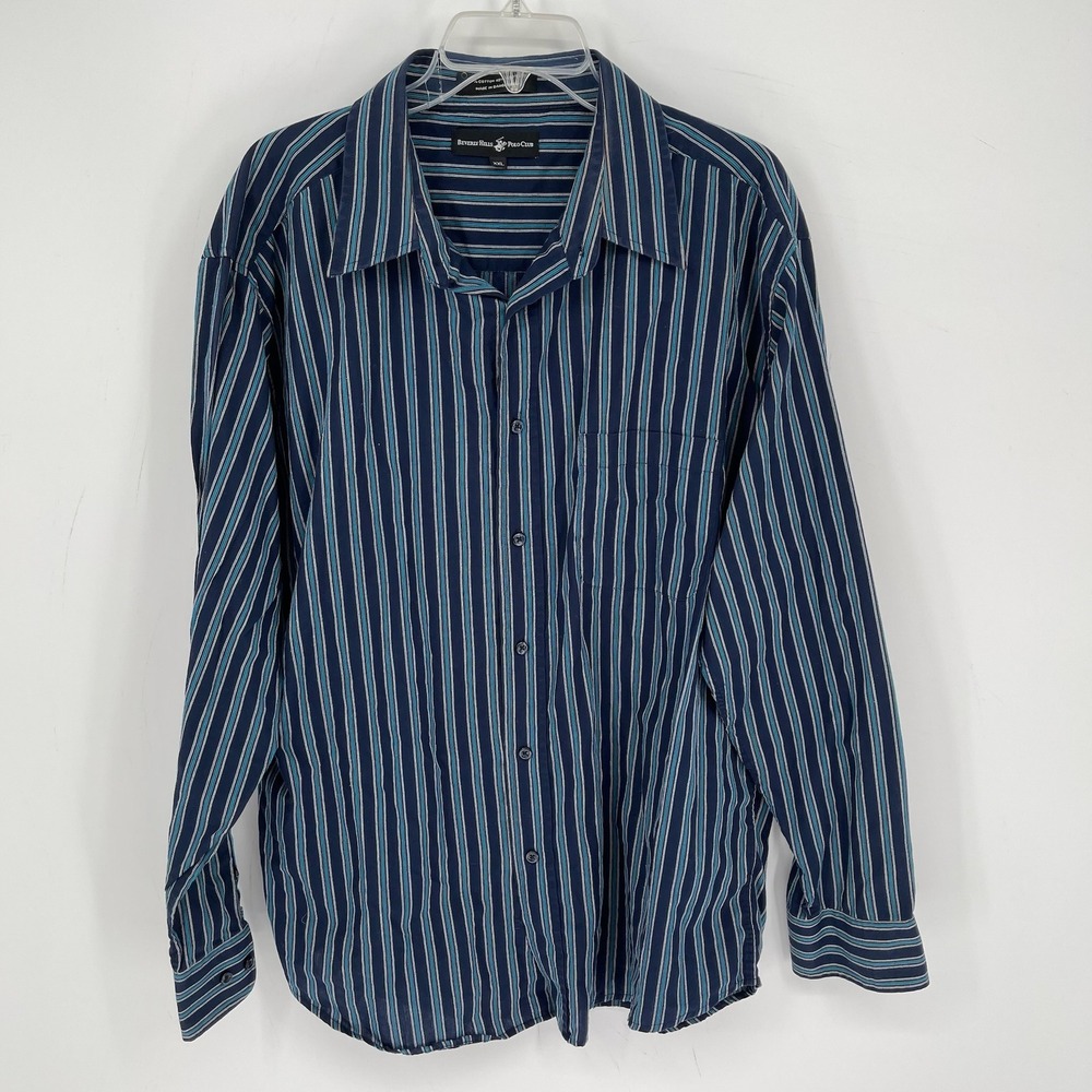 Beverly Hills Polo Club Men's Navy Striped Long Sleeve Button Down Shirt Sz XXL